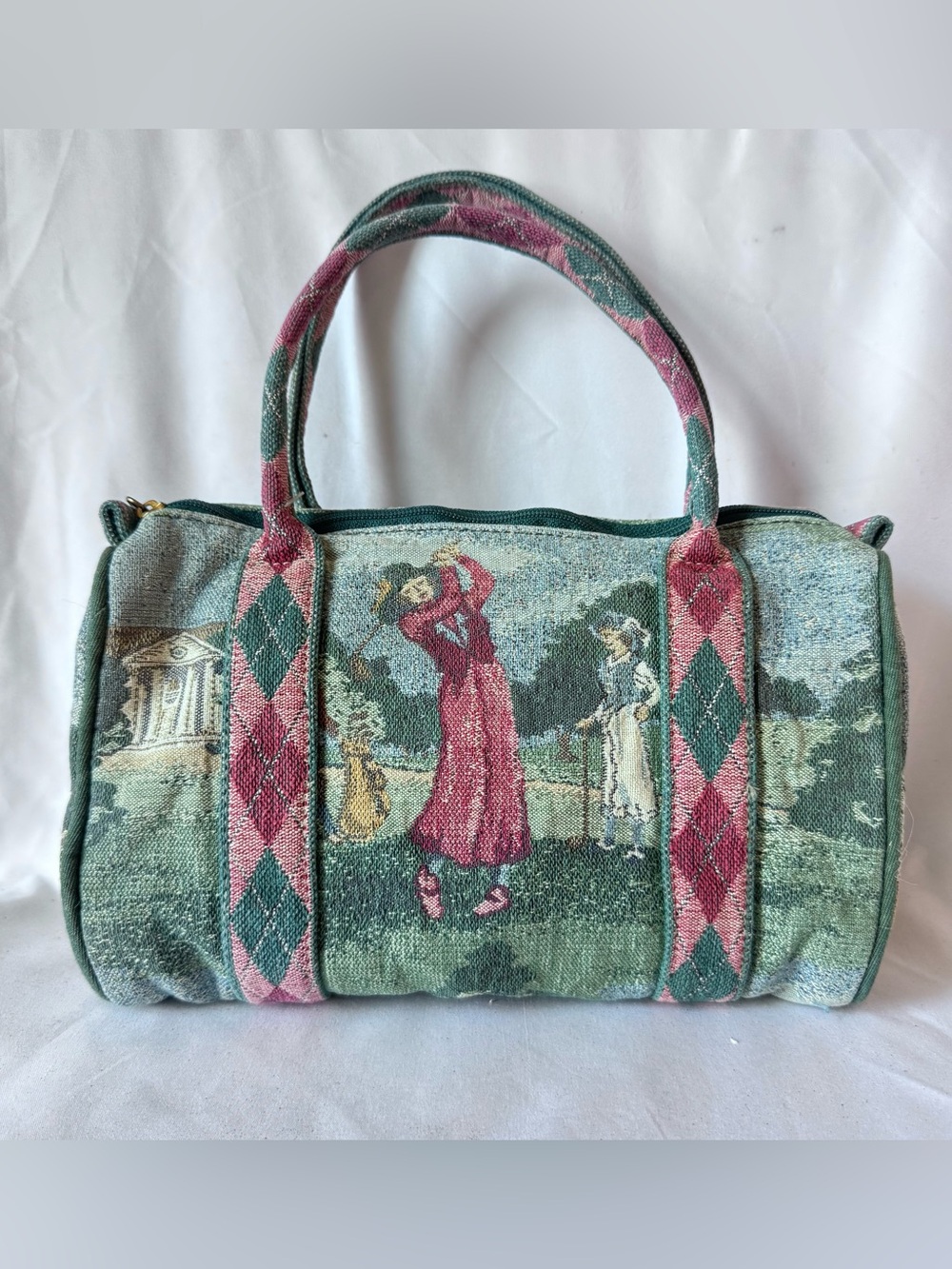 Vintage 90s Golf Tapestry Women’s Shoulder Barrel Bag Purse Woven Country Club
